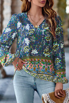 V Neck Flower Print Puff Sleeves Top