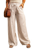 Khaki Striped Print Drawstring High Waist Casual Pants