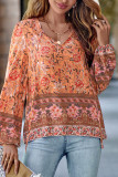 V Neck Flower Print Puff Sleeves Top