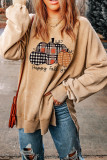 Khaki Plaid Pumpkin Graphic Washed Split Sweatshirt