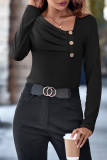 Diagonal Collar Smocked Button Plain Top 