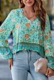 V Neck Flower Print Puff Sleeves Top