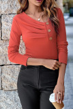 Diagonal Collar Smocked Button Plain Top 
