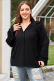 Black Tiered Ruffled Shoulder Buttoned Plus Size Blouse