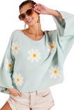 Green Flower Embroidery Batwing Sleeve Loose Sweater