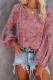 Red Pleated Lantern Sleeve Abstract Print Blouse