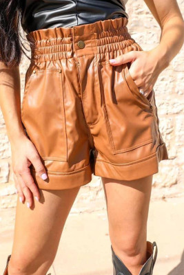 Brown Patch Pockets Faux Leather High Rise Shorts