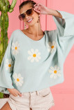 Green Flower Embroidery Batwing Sleeve Loose Sweater