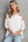 White Contrast Crochet Lace Henley Top