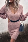 Pink V Neck Bodycon Sweater Dress