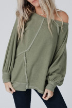 Green Exposed Seam Patchwork Dolman Sleeve Top