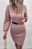 Pink V Neck Bodycon Sweater Dress