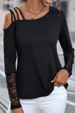 Black One Shoulder Lace Cuff Long Sleeves Top