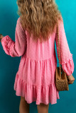 Pink Swiss Dotted Split Neck Tiered Ruffled Short Dress