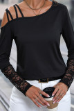 Black One Shoulder Lace Cuff Long Sleeves Top