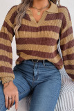 Cut V Neck Striped Pullover Sweater