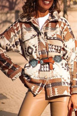 Brown Aztec Print Flap Pocket Button-up Jacket