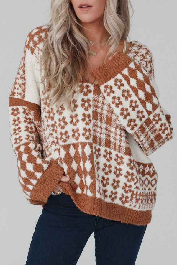 Brown Mixed Pattern V-Neck Oversized Sweater