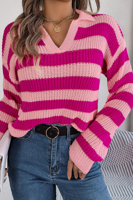 Cut V Neck Striped Pullover Sweater