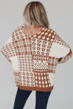 Brown Mixed Pattern V-Neck Oversized Sweater