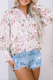 Multicolor Abstract Print Lantern Sleeve Casual Shirt