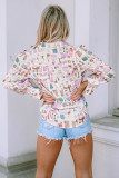 Multicolor Abstract Print Lantern Sleeve Casual Shirt