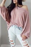 Pink One-Shoulder Balloon Sleeve Ribbed Blouse