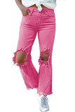 Pink Distressed Holes Raw Edge Cropped Flare Jeans