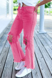 Pink Distressed Holes Raw Edge Cropped Flare Jeans