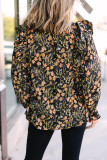 Black Plus Size Split Neck Ruffled Bubble Sleeve Floral Blouse