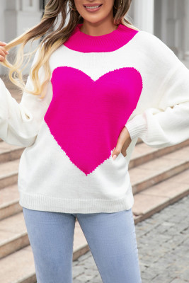 Contrast Neck Heart Knit Sweater