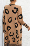 Leopard Knit Pockets Long Length Sweater Cardigan