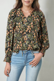 Black Plus Size Split Neck Ruffled Bubble Sleeve Floral Blouse