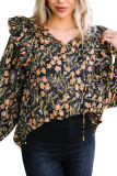 Black Plus Size Split Neck Ruffled Bubble Sleeve Floral Blouse