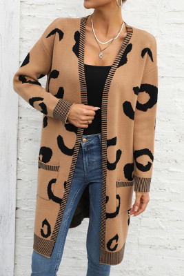 Leopard Knit Pockets Long Length Sweater Cardigan