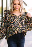 Black Plus Size Split Neck Ruffled Bubble Sleeve Floral Blouse