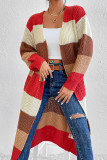 Color Block Long Length Open Knit Cardigan