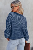 Blue Heathered Knit Drop Shoulder Puff Sleeve Sweater