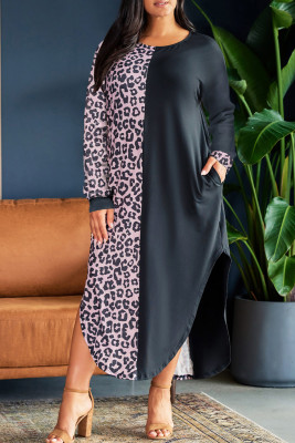Multicolor Plus Size Leopard Colorblock Long Sleeve T-Shirt Dress