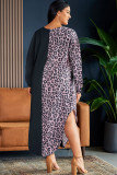 Multicolor Plus Size Leopard Colorblock Long Sleeve T-Shirt Dress