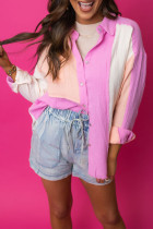 Rose Color Block Buttoned Raw Hem Textured Shirt