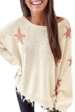 Beige Starry Long Sleeve Raw Hem Sweater