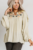 Apricot Floral Embroidered Swiss Dot Split Neck Babydoll Blouse