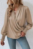 Khaki Solid Surplice Neck Shirred Cuffs Draped Blouse