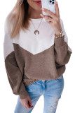 Khaki Colorblock Cutout Elastic Hem Pullover Sweatshirt