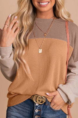 Khaki Color Block Long Sleeve Ribbed Loose Top