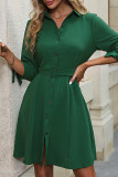 Green Button Up Tie Sleeves Mini Dress With Sash
