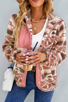 Pink Western Colorblock Snap Buttoned Sherpa Jacket