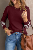 Red Striped Sleeve Plain Knit Sweater