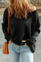 Black Solid Color Off Shoulder Rib Knit Sweater with Pocket